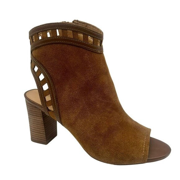 Franco Sarto Greenwich Peep Toe Stack Heel Bootie‎ Women 9.5 Brown Leather Boho - Picture 1 of 12